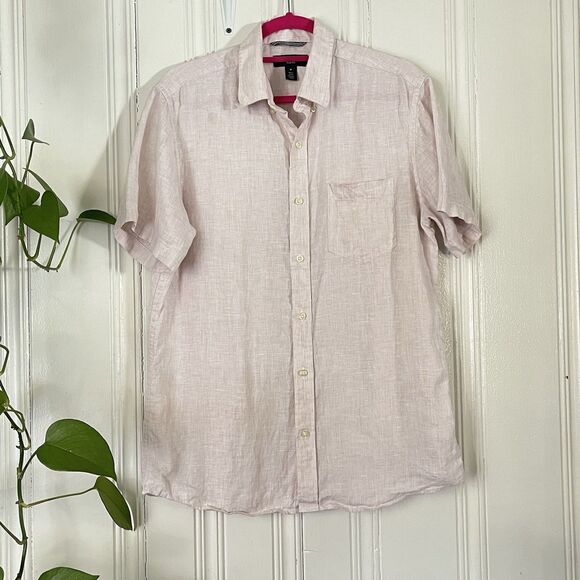 Nordstrom Men’s Light Pink Short Sleeve Button Up Trim Fit 100% Linen Shirt Sz M - Picture 1 of 8